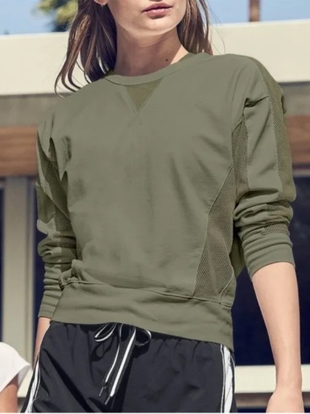 Athleta Olive Green Mesh-Panel Crew Sweatshirt